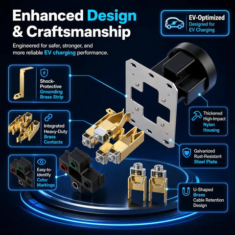 Nema 14-50 EV Charging Wall Socket Kit Featuring Dual Flush or Surface Mount Plates Plus 50 Amp Heavy Duty Receptacle parts diagram showing brass and nylon components.