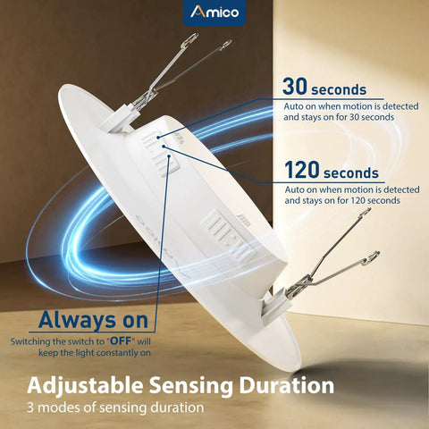 5 To 6 Inch LED Recessed Can Lights With PIR Motion Sensor, 5CCT, Auto On Within Ten Feet And Auto Off After Thirty Or One Hundred Twenty Seconds, No Sweat Install, 1 Pack with adjustable sensing duration