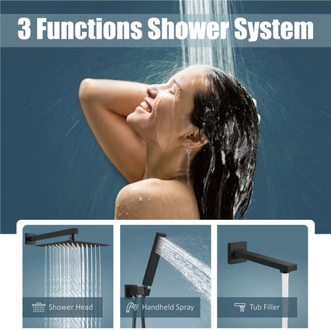 3 Functions Shower System featuring Matte Black 12 Inch Rainfall Shower System With Shower Head Handheld Sprayer Tub Filler And Wall Mount Mixer