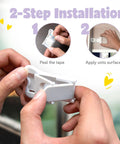Easy Install Baby Proof Cabinet Locks For Cabinets And Drawers Sliding Door Lock Latches For Babies No Drill Tape On Safe White Set Of Four Kid Friendly Home Safety Essentials being installed with adhesive backing shown in two-step process.