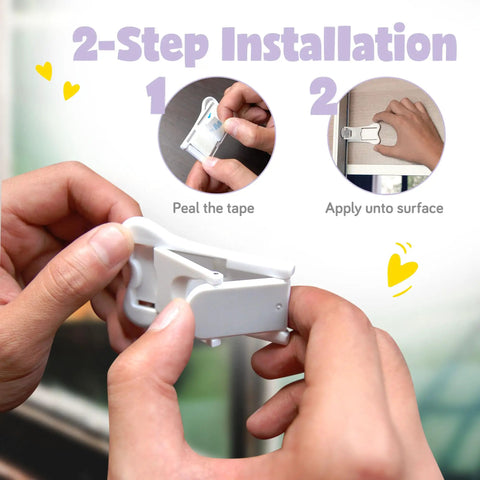 Easy Install Baby Proof Cabinet Locks For Cabinets And Drawers Sliding Door Lock Latches For Babies No Drill Tape On Safe White Set Of Four Kid Friendly Home Safety Essentials being installed with adhesive backing shown in two-step process.