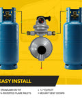 Front view of dual RV propane tanks (blue) connected by a two‑stage automatic changeover regulator with a 3/8" outlet