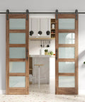 Double 24 By 84 Inch Glass Barn Doors With 48 Inch Width Eight Foot Hardware Kit And Handle Included Five Panel Frosted Glass LVL Wood Panel Waterproof PVC Surface Pre Drilled Holes Easy Assembly installed in interior