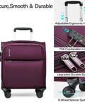 Underseat Carry On Luggage 16 Inch With Spinner Wheels Airline Approved Lightweight Softside Roller Bag For 1 To 3 Day Trips Fits Under Seat TSA Travel Case Purple Durable And Easy To Stow with ergonomic handle, TSA lock, durable zipper, and 8-wheel spinner system