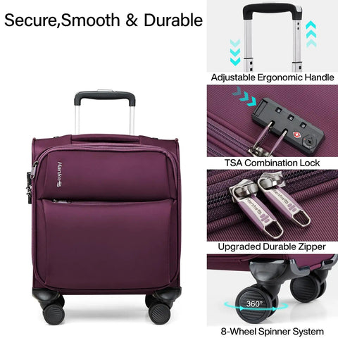 Underseat Carry On Luggage 16 Inch With Spinner Wheels Airline Approved Lightweight Softside Roller Bag For 1 To 3 Day Trips Fits Under Seat TSA Travel Case Purple Durable And Easy To Stow with ergonomic handle, TSA lock, durable zipper, and 8-wheel spinner system
