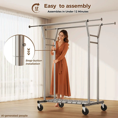 Heavy Duty Rolling Closet Rack With Bonus Shelf Space Holds Up To Seven Hundred Pounds Built Tough Steel Bar Smooth Gliding Wheels And Rock Solid Base For Home Or Boutique Silver