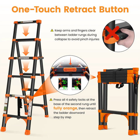 Aluminum Telescoping A-Frame Ladder With One-Button Retraction, Portable Adjustable Extension Ladder, folding demonstration.