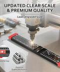 Close-up of a 4-in-1 Drilling Positioning Jig with 14 Inch Adjustable T Square Ruler on a workbench, highlighting laser-engraved scale.