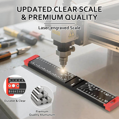 Close-up of a 4-in-1 Drilling Positioning Jig with 14 Inch Adjustable T Square Ruler on a workbench, highlighting laser-engraved scale.