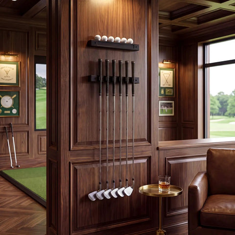 Wooden putter wedge holder wall hanger with clubs and balls in home golf simulator room Two Pack Wall Mounted Golf Club Display Rack And Ball Display Case Set Wooden Putter Wedge Holder Wall Hanger Organizer For Six Clubs And Six Balls Home Office Simulator Decor Black.