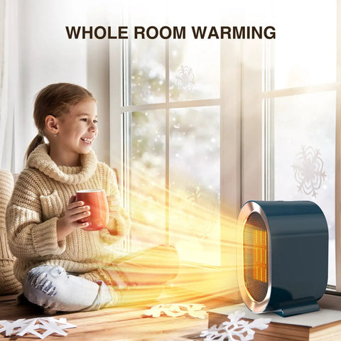 Quiet Ceramic Space Heater For Indoor Use, Portable Electric Desk Heater With 1200W and 800W Heating shown by child at window