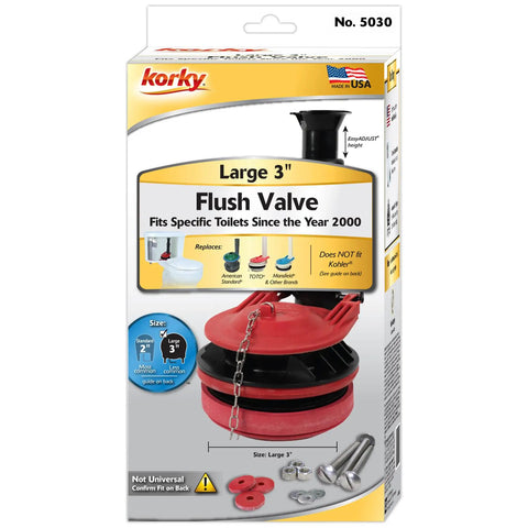 Adjustable 3 Inch Toilet Flush Valve And Tank To Bowl Gasket Kit packaging front view showing components and size information