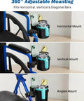 Wheelchair Cup Holder With 6.4 Inch Storage Box And 2 In 1 Design on wheelchair, showing horizontal, vertical, angled mounts.