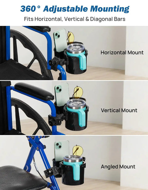 Wheelchair Cup Holder With 6.4 Inch Storage Box And 2 In 1 Design on wheelchair, showing horizontal, vertical, angled mounts.