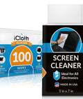 iCloth electronics screen cleaner wipes, 100-count, blue/white packaging shown beside a black Screen Cleaner pouch