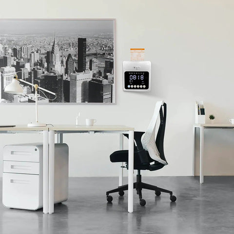 Foolproof Plug And Play Time Clock With Secure Passcode Lock For Small Business Featuring Auto Align Punch Machine mounted on office wall.