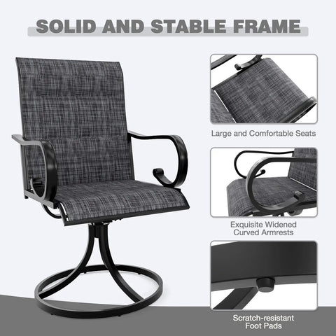 7 Piece Outdoor Dining Set With 6 Swivel Rocker Chairs High Back Textilene chair detail showing solid frame and curved armrests