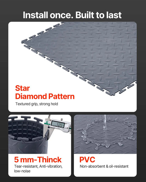 Interlocking Garage Floor Tiles 16 Pack, Diamond Plate Texture Non Slip PVC Floor Mats, 20.2x20.2x0.2 Inches, Graphite Gray, Quiet, Durable, DIY Friendly, Easy Install for Garages, Workshops, and Warehouses. 5 mm PVC tile with diamond texture