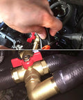 4 Way Automotive Heating Water Valve With 5/8 Inch Solid Brass Build And Manual Control For Vehicle Heater Ac Coolant Flow Rig Ready, shown with hoses and controls.