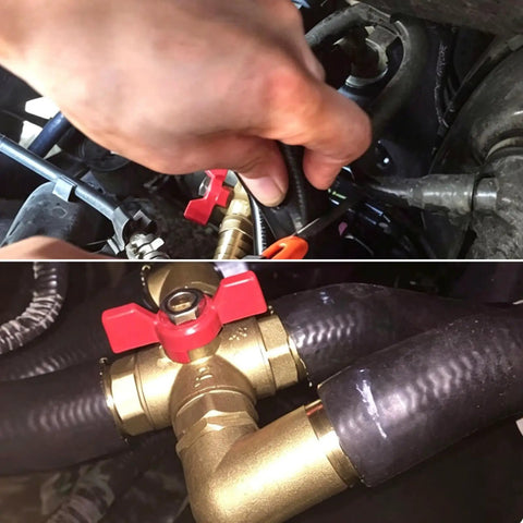 4 Way Automotive Heating Water Valve With 5/8 Inch Solid Brass Build And Manual Control For Vehicle Heater Ac Coolant Flow Rig Ready, shown with hoses and controls.