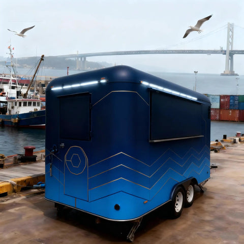 Solid As A Rock Mobile Food Trailer And Rolling Cart Combo Crafted For Coffee Ice Cream Sales Quick Hustle Setup That Grinds Like A Dream On Busy Weekends, blue trailer by the water.
