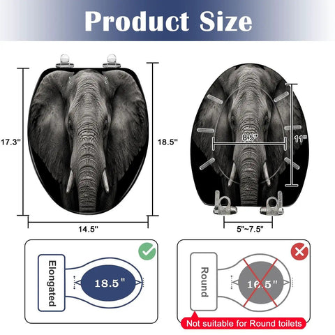 Elongated Monochrome portrait elephant Toilet Seat dimensions displayed, showing length 18.5 inches and width measurements.