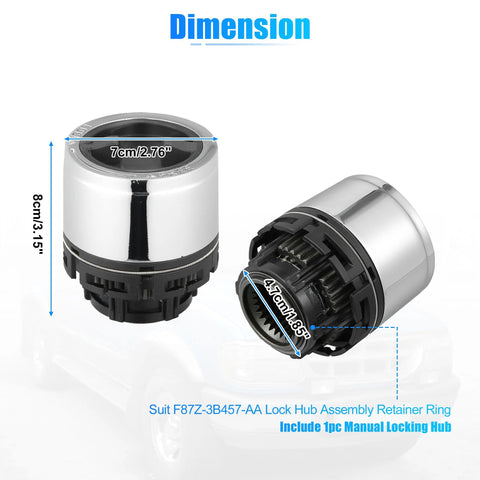 Front Manual Wheel Locking Hub Assembly For Ford Explorer 1995 To 2001 Ranger 1998 To 2003 And Mazda B Series Pickup 2001 To 2008 OE Number F87Z 3B396 BA 15001.7 Locking Drive Hub, showing cylindrical metal component with dimensions.