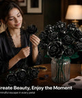 Gothic Dope Matte Black Rose DIY Building Kit With 634 Pieces For A Realistic 12 Rose Bouquet Showing Full Half Bloom And Bud Stages, Ideal Home Office Decor Gift For Adults And Kids Ages 6 Plus, woman assembling black roses
