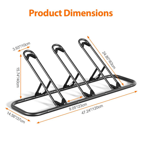 Bike Floor Storage Rack For Garage And Outdoor Parking, Sturdy Steel Stand With 3 Slot Wheel Holders dimensions view