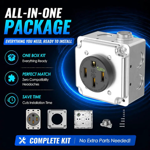 Slick Wall Mount Nema 14-50 Outlet With Surface Mount Box Kit For Smooth Level 2 Ev Charging, 50 Amp Plug And Play 240V Receptacle Perfect For Garage Wiring And Rv Hookups, Etl Tested Black with installation components.