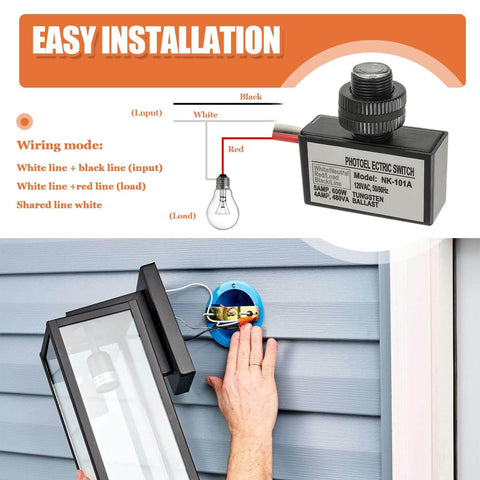 Diagram and installation guide for 2 Pack Dusk To Dawn Photocell Light Sensor Switch for outdoor lighting with wiring and mounting steps