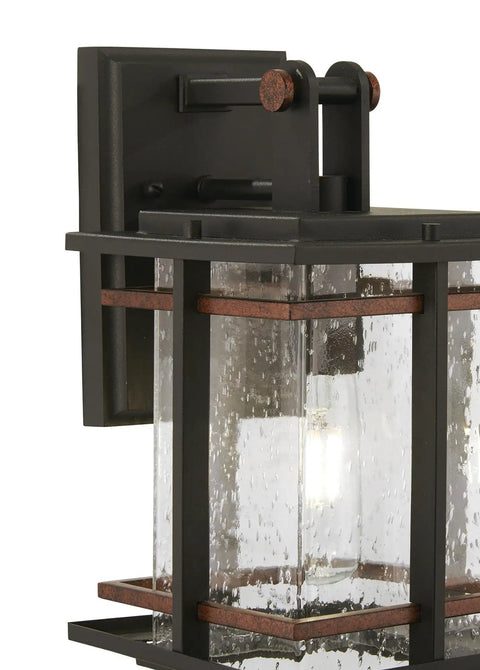 Outdoor Wall Light With A Dope Black And Copper Finish, 11.25 Inches High, 6.5 Inches Wide, Extends 7.75 Inches From Wall, Glass Panels, San Marcos Style Exterior Lighting For Porch Or Front Entry