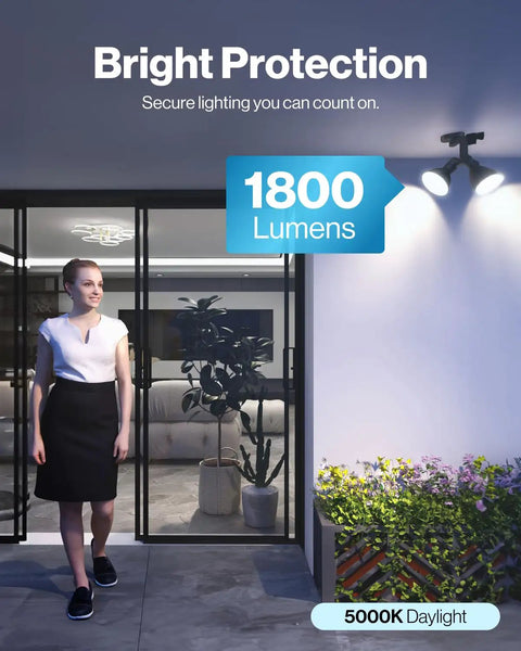 Night view of porch lit by Six Pack PAR38 LED Flood Lights Waterproof Dimmable Bulbs 1800 Lumens 15W Equivalent 5000K Daylight E26 Base Wet Rated Outdoor Lighting For Porch Landscape Driveway Garage Yard UL Listed