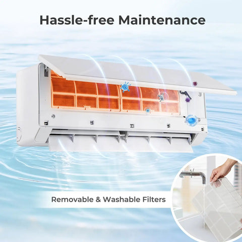 Slick Dual Zone Mini Split Air Conditioner 36000 BTU Wall Mounted Ductless Unit with removable washable filters.