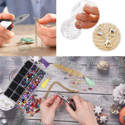 All In One Jewelry Making Kit With 1314 Open Jump Rings And 40 Lobster Clasps Pliers Tweezers Jump Ring Tool Opener And 10 Black Waxed Necklace Cords 22 Inches In Gold And Silver For Diy Necklace Repair And Craft Projects with tools and accessories on table.
