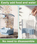 No Fuss Bird Feeder And Water Dispenser Set Packed With Automatic Clear Food Jar And Twelve Oz Drip Free Hydration Cup For Feathered Crew Like Parrots Canaries Lovebirds Budgies In Cool Blue Hanging Style with food pouring in and water being added