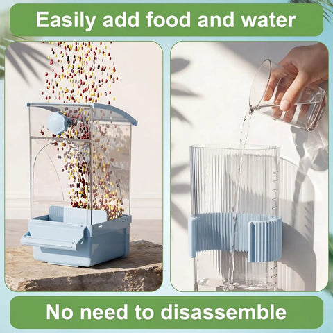 No Fuss Bird Feeder And Water Dispenser Set Packed With Automatic Clear Food Jar And Twelve Oz Drip Free Hydration Cup For Feathered Crew Like Parrots Canaries Lovebirds Budgies In Cool Blue Hanging Style with food pouring in and water being added