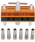 Self Centering Doweling Jig With Aluminum Alloy Body And 6mm 8mm 10mm Guide Bushings For Pro Grade Precision In Wood Dowel Joints And Diy Friendly Easy Furniture Assembly For Any Workshop showing jig and bushings