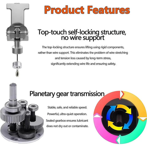 Heavy Duty Electric Chandelier Hoist features a self-locking structure and planetary gear transmission for easy maintenance.