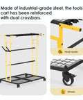 Mobile Garage Tool Organizer Cart On Wheels For Home And Garden, yellow steel frame with metal handle and wheels