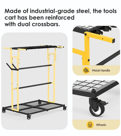 Mobile Garage Tool Organizer Cart On Wheels For Home And Garden, yellow steel frame with metal handle and wheels