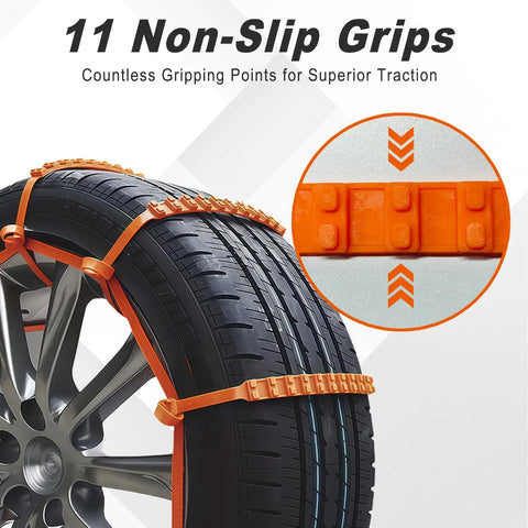 Heavy Duty Zip Tie Snow Tire Chains For Cars With Boss Level Anti Slip Grips Quick Install Link System for a tire with non-slip grips.