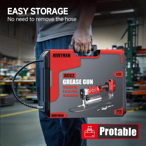 Person holding a case labeled 'Grease Gun 12000 PSI' in an industrial setting.