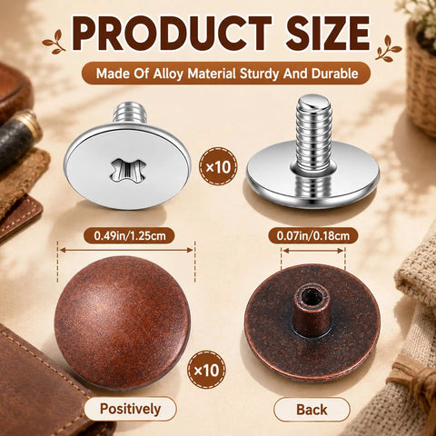 Heavy Duty Zinc Alloy Replacement Rivets For Cork Potato Clogs and Suede Rubber Footwear With Screwdriver showing product sizes and details.