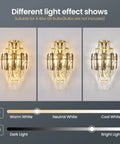 Modern K9 Crystal Wall Sconce With Gold Finish Luxury Bedroom Wall Light showing warm, neutral, and cool white effects.