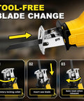 Tool-free blade change system on Cordless Reciprocating Saw With 0-3500 SPM Stepless Speed, Comes With 4 Blades And 2 Batteries.