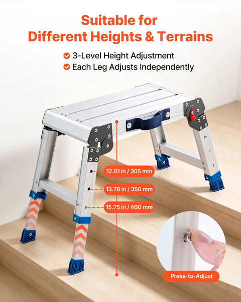 Beefy Aluminum Folding Work Platform With Adjustable Height From 12 To 16 Inches 500 Lb Capacity Non Slip Work Surface Portable Bench For Painting Cleaning Home And Pro Use, 3-level height adjustment