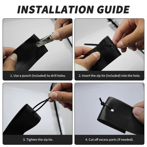 Installation guide for Chain Link Fence Privacy Slats Tape Kit With 246 Ft Length And One Point Eight Five Inch Width Includes 200 Zip Ties And Puncher For No Fuss Easy Install Black Durable Weather Resistant Privacy Cover That Keeps Neighbors Out, showing punch use and zip tie application.