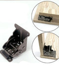 Heavy Duty Foldable Self Locking Hinges 8 Pack With Mounting Hardware, black steel hinged bracket mounted on wood.