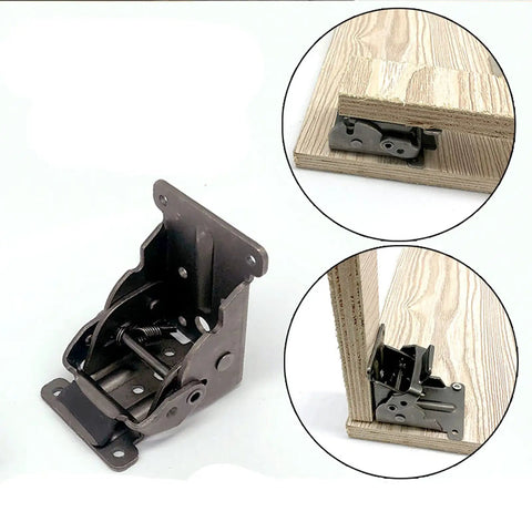 Heavy Duty Foldable Self Locking Hinges 8 Pack With Mounting Hardware, black steel hinged bracket mounted on wood.